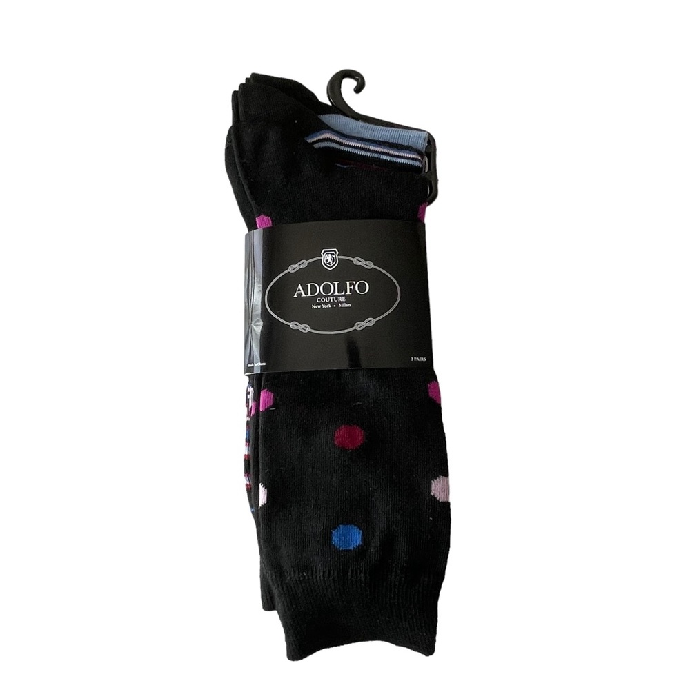 Men's ADOLFO Couture Dress Socks Black with Dots Stripes 3-Pair Pack Size 10-13